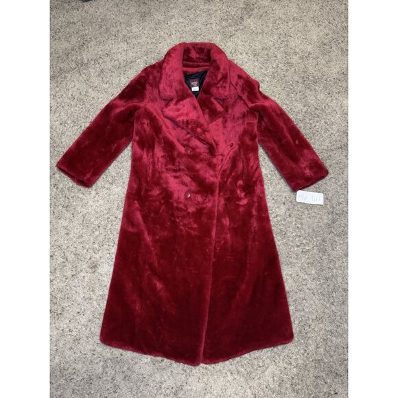 NWT VTG Red Faux Fur Long Line Full Length Duster Coat Mob Wife Glam Hollywood S - Picture 1 of 9